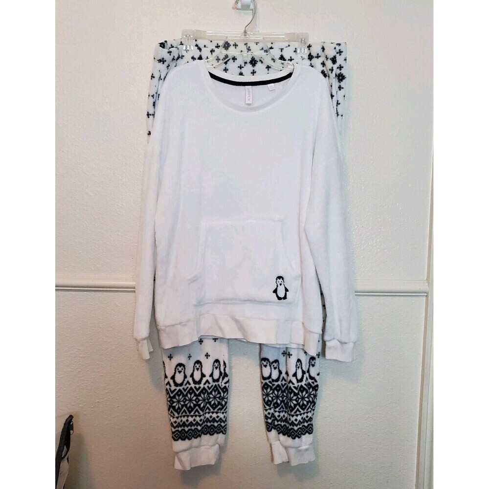Joyspun PJ Set Womens XL Penguin Plush Joggers Lounge‎ Wear White Black